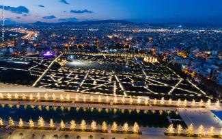 Large landscaped roof by night